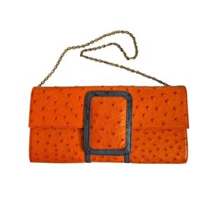 Orange & Gray Ostrich Leather Clutch Gold Chain Strap Sleek Design
